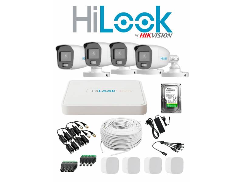 KIT HILOOK DVR 4CH + 4 CAMARAS 2MP COLORVU COLOR NOCHE + DISCO
